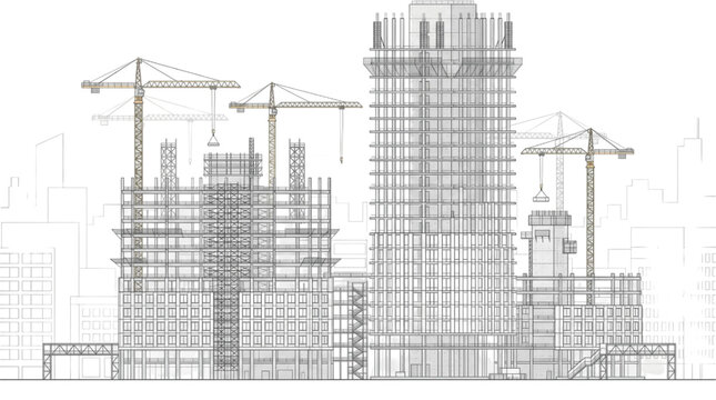 An intricate CAD rendering of a large-scale urban construction project concept, detailing the structural frameworks of multiple modern high-rise buildings and active tower cranes