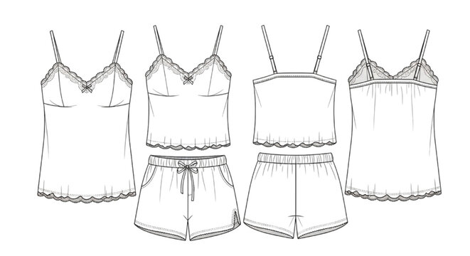 Fashion CAD technical drawing of a lace trim camisole and sleepwear shorts set for apparel design development and production
