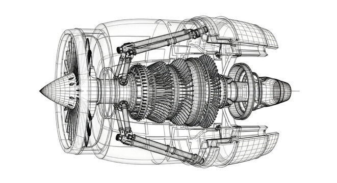 Technical CAD wireframe model of a high performance jet engine turbine for aerospace engineering and mechanical design visualization