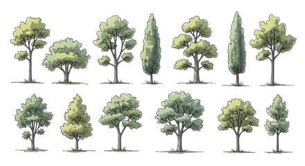 Set of Various Hand Drawn Deciduous and Coniferous Trees for Architectural CAD Landscape Design Plans © Rishi