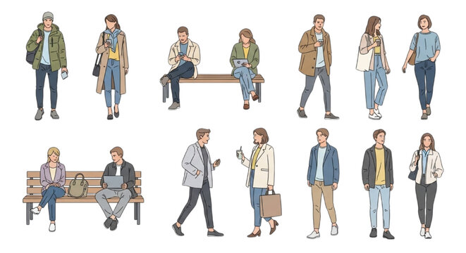 Vector illustration of casual people standing and sitting, perfect for CAD architectural rendering entourage blocks