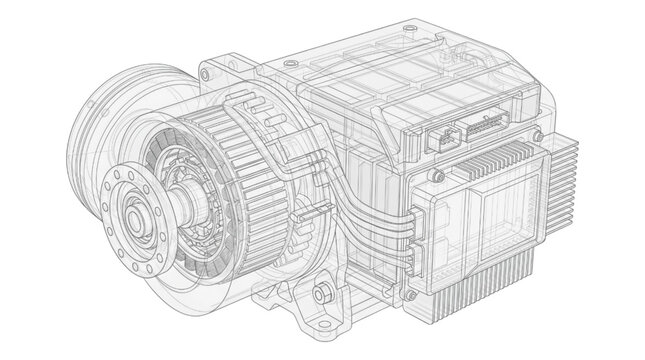 Detailed CAD wireframe illustration of an industrial electric motor and gearbox assembly for engineering design