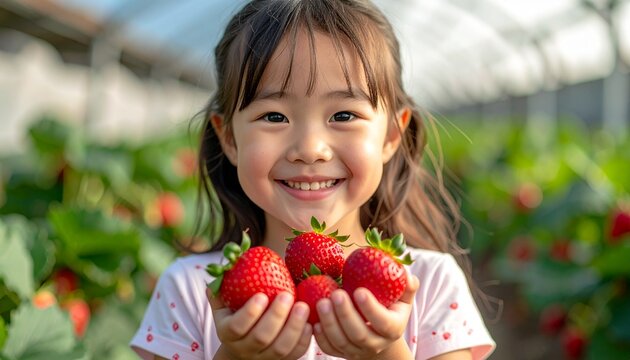 Gl&uuml;ckliches M&auml;dchen isst frische Erdbeeren