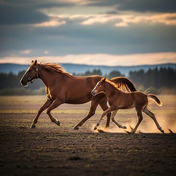 Brown mare and foal galloping across a field at golden hour