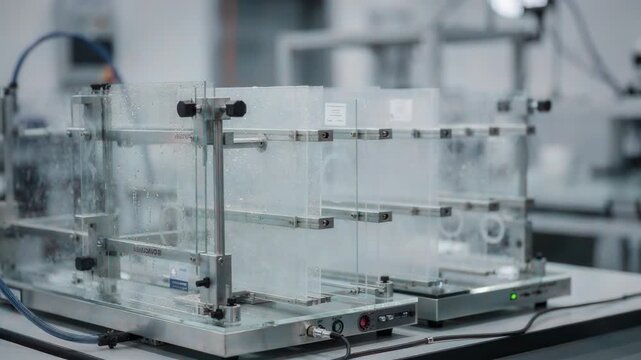 Close medium shot of comparative barrier tests in progress featuring multiple sample sets measured for oxygen and moisture barrier properties under controlled conditions.