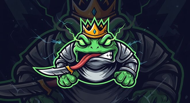Fierce green toad warrior wearing a crown in esport mascot style