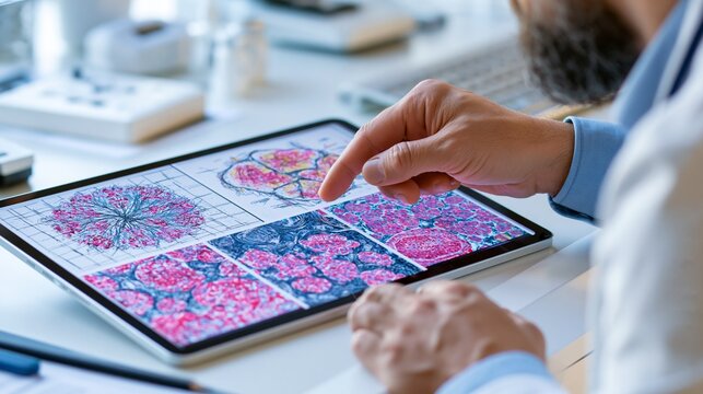 Hands carefully comparing traditional tumor sketches with vibrant digital pathology scans on a tablet surrounded by sterile workstation elements softly blurred.