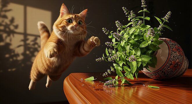 Ginger tabby cat jumping toward a tipped vase of catnip on a table