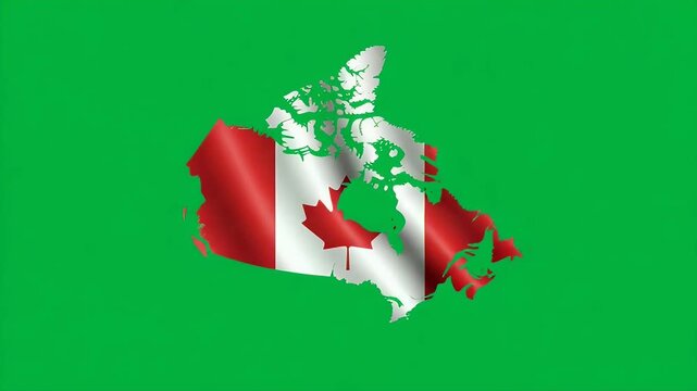 Waving canadian flag texture filling the shape of the country map isolated on a vibrant green background representing north american national identity and patriotic pride
