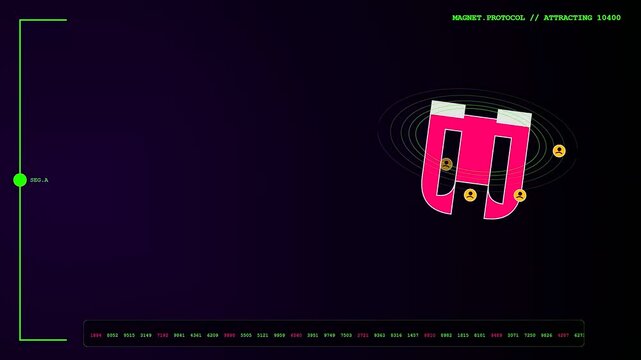 This digital graphic displays a stylized user acquisition animation where a giant pink magnet pulls in target customer icons within a retro futuristic interface.