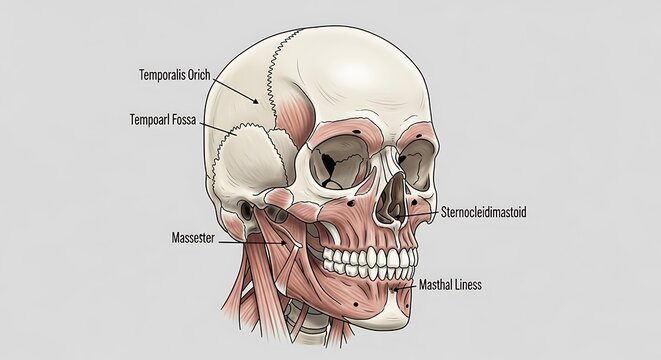 3D anatomical diagram of human head and neck muscles.