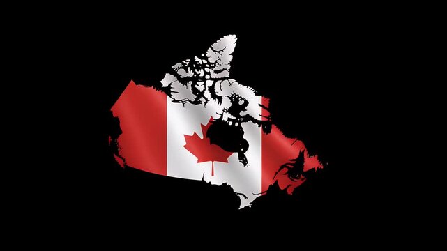 Detailed map of Canada featuring a stylized waving national flag design isolated against a solid black background creating a professional graphic element for creative design projects