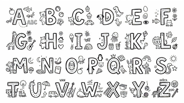 Educational alphabet coloring page for kids with cute doodle illustrations and objects - drawing