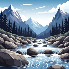 Fototapeta premium Serene Mountain River Flowing Through Pine Forest Valley.