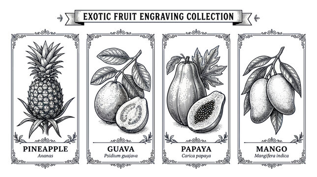 Exotic Fruit Engraving Collection: Pineapple, Guava, Papaya, Mango