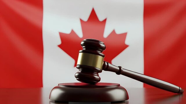 Wooden judge gavel resting on a sounding block placed in front of the official national flag of Canada representing the authority of the legal system