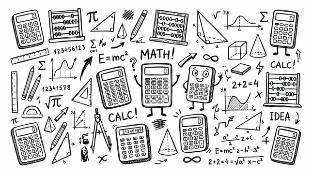 Hand drawn math and geometry doodle set with calculators and formulas - drawing