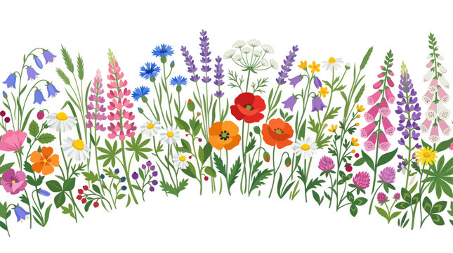 Vibrant Wildflower Meadow Garland Border - Summer Floral Illustration