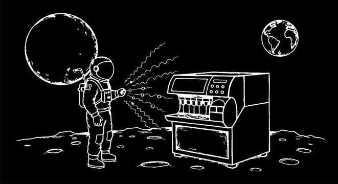 Astronaut using slot machine on moon surface.