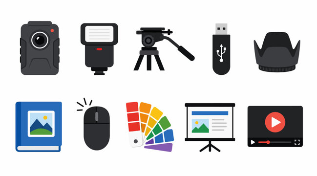 Assorted technology and photography equipment icons.