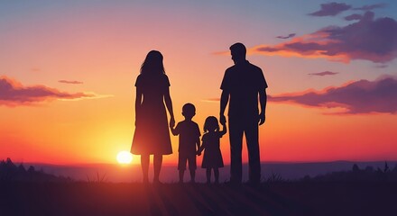 Fototapeta premium Family enjoying sunset walk on beach silhouette.