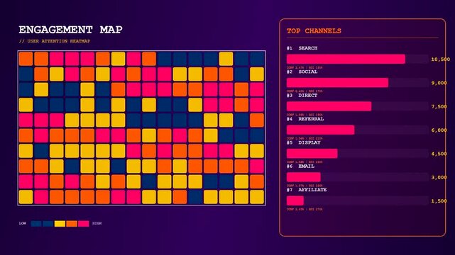 A dynamic marketing dashboard displays this user acquisition animation visualising customer engagement heatmaps and traffic channel bar charts updating over time with growing data metrics.