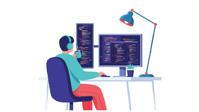 Software Developer Coding on Multiple Monitors with Coffee and Headphones Flat Vector Illustration