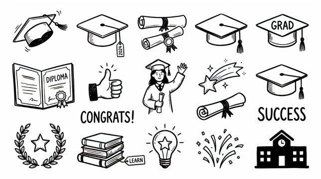 Hand-drawn graduation and education elements collection with cap diploma and academic symbols