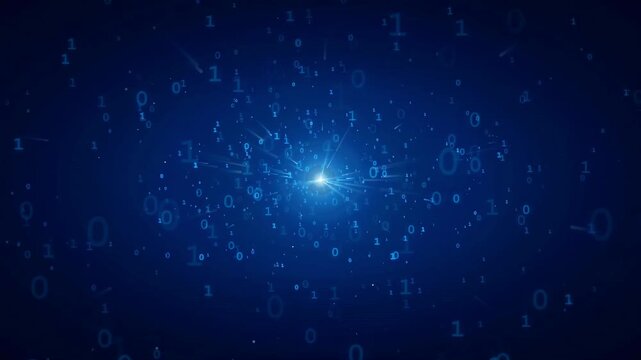 Abstract blue digital background with flowing binary code and glowing light particles in cyberspace