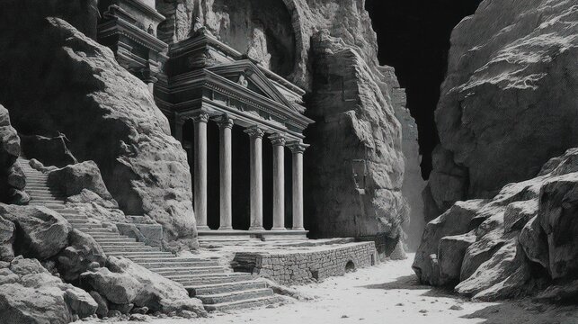Ancient temple carved into rock face architectural landmark in monochrome