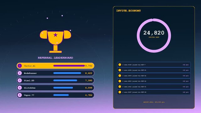 A dynamic referral dashboard shows a User Acquisition Animation with increasing point tallies, leaderboard rankings, and progress bars updating on dark futuristic interfaces.