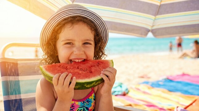 A girl smiles widely as she takes a bite of watermelon while sitting under a colorful umbrella at the beach. People enjoy the sun and sand in the background