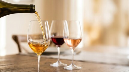 Fototapeta premium A person pours white wine into a clear glass. Three wine glasses sit on a wooden table. Two glasses hold red and rosé wine. The background shows a soft, warm light