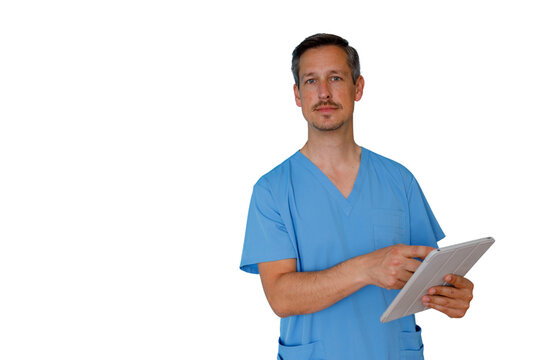 Male nurse or doctor wearing blue scrubs and using a digital tablet for telemedicine on transparent background