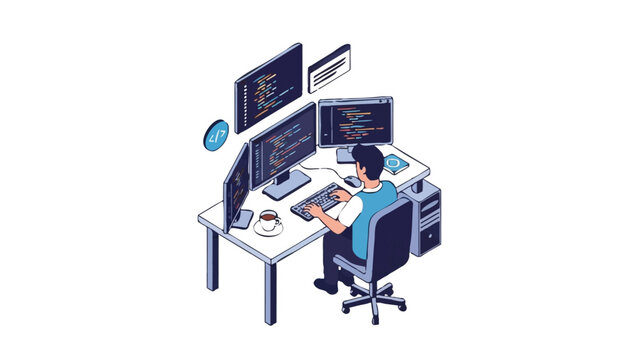 Isometric Illustration of Software Developer Working on Multiple Monitors with Code for Web Development and Programming