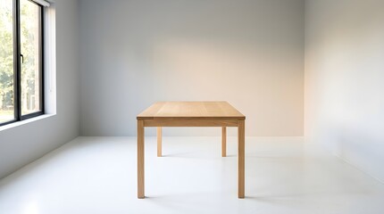 Fototapeta premium Bright empty room with a single wooden table by a large window and soft natural light.