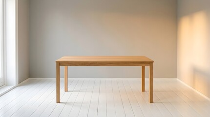 Fototapeta premium Bright minimal wooden table stands alone in a sunlit room with clean modern lines.