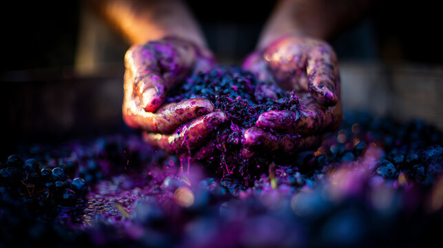 Stained hands cup a mound of freshly crushed purple grapes above a wooden bin during the autumn wine harvest at a rustic cellar
