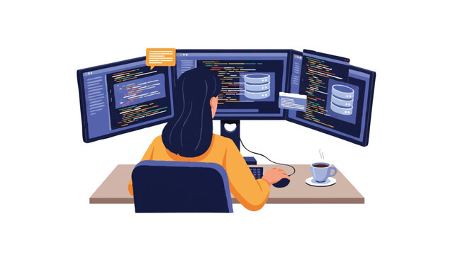 Female Software Developer Working on Multiple Monitors with Code and Database Illustration