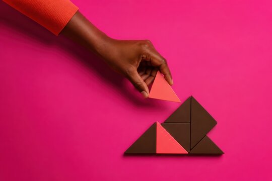Hand arranging geometric triangle shapes on a bright pink background