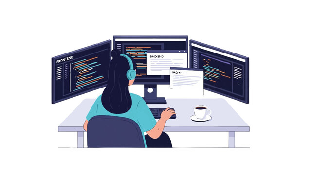Female Full Stack Developer Working at Triple Monitor Setup with Frontend and Backend Code, Flat Vector Illustration