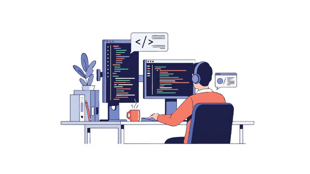 Software Developer Working on Multiple Monitors with Programming Code - Modern Flat Vector Illustration of a Coder in a Home Office Workspace