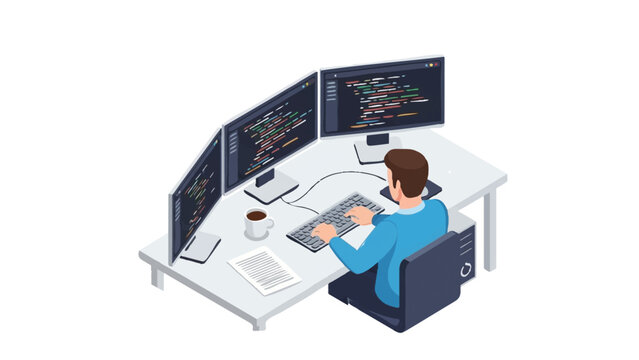 Isometric Software Developer Working on Three Monitors with Code on Screen - Flat Illustration of a Programmer at Desk with Coffee