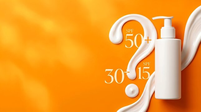 Sunscreen bottle with spf cream question mark on orange background