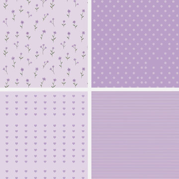 Set of four seamless purple patterns featuring delicate flowers, polka dots, small hearts, and horizontal stripes on a pastel lilac background for textile design