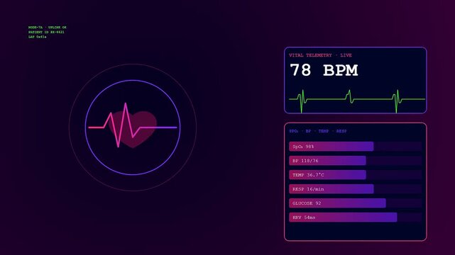 A digital remote health monitoring dashboard displays shifting heart rate statistics with glowing pink and purple neon interface elements against a dark purple studio lighting background