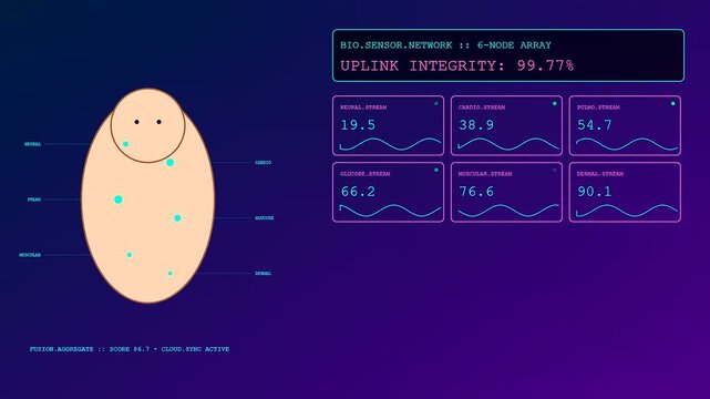 A digital representation of remote health monitoring with bio sensor nodes displaying changing numeric data streams across three distinct analytical panels on a dark purple screen