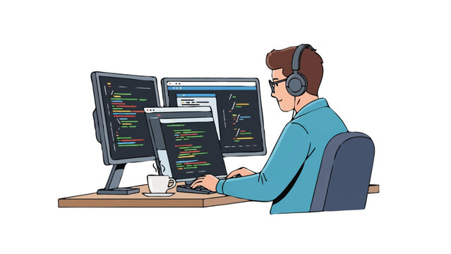 Software Developer Working on Multi-Monitor Setup with Headphones Illustration