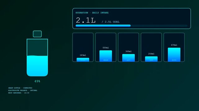 Digital displays showcasing remote health monitoring metrics with blue interface panels tracking water intake levels and daily hydration goals on a dark cinematic virtual dashboard monitor