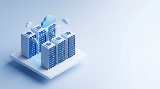 Isometric cloud computing and data storage server racks with network database security concept